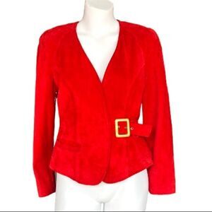 Retro 80s Danier Leather Genuine Suede Red Siren Shoulder Pads‎ Fitted Jacket XS